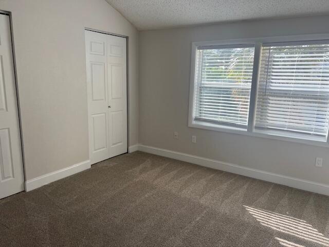 unfurnished bedroom with vaulted ceiling, carpet, and a textured ceiling