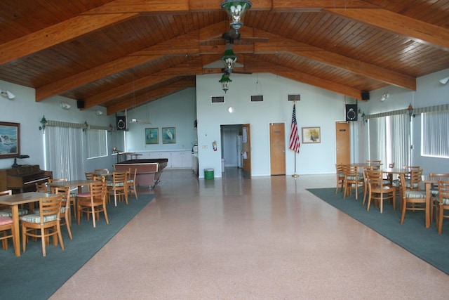 dining area with wood ceiling, ceiling fan, beam ceiling, and high vaulted ceiling