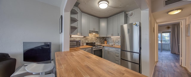 kitchen featuring gray cabinets, appliances with stainless steel finishes, butcher block counters, backsplash, and hardwood / wood-style floors