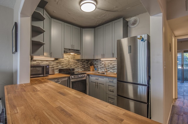 kitchen featuring sink, butcher block countertops, gray cabinetry, stainless steel appliances, and decorative backsplash