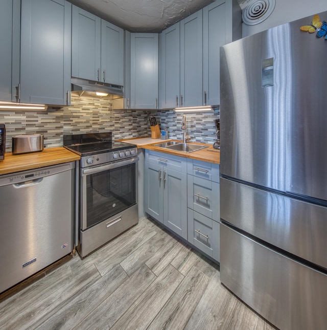 kitchen featuring appliances with stainless steel finishes, butcher block countertops, sink, decorative backsplash, and light wood-type flooring