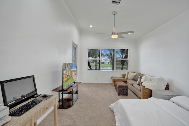 living room featuring ceiling fan, light colored carpet, and ornamental molding