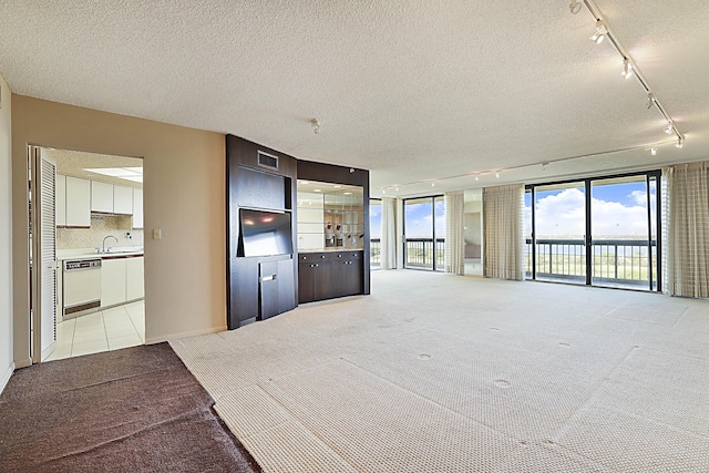 unfurnished living room featuring track lighting, light carpet, a textured ceiling, and expansive windows