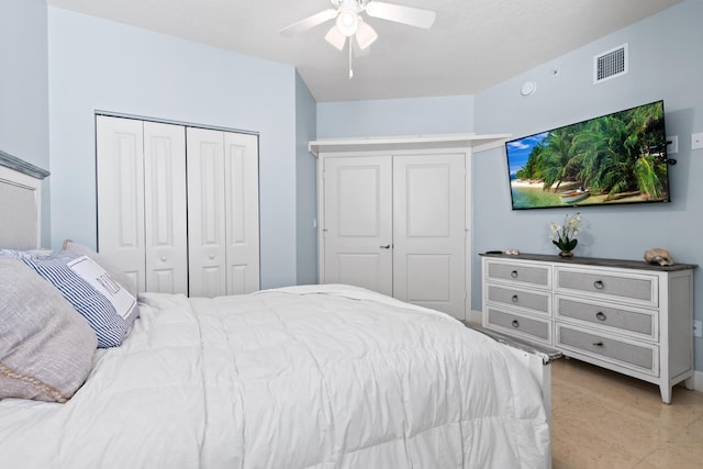 bedroom featuring visible vents and a ceiling fan