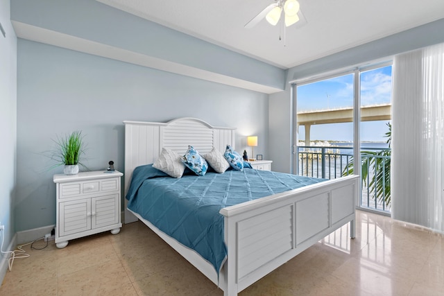 bedroom featuring a water view, access to outside, baseboards, and ceiling fan