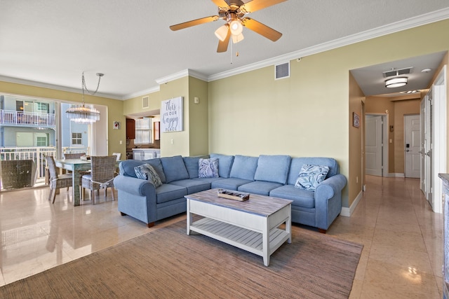 living area featuring tile patterned flooring, visible vents, crown molding, and baseboards