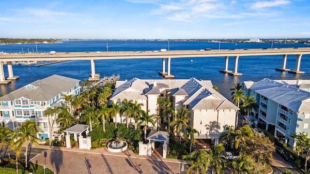 aerial view featuring a water view