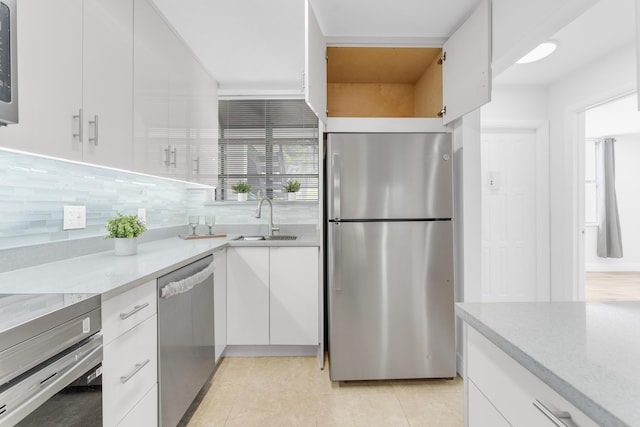 kitchen with sink, decorative backsplash, white cabinets, and appliances with stainless steel finishes