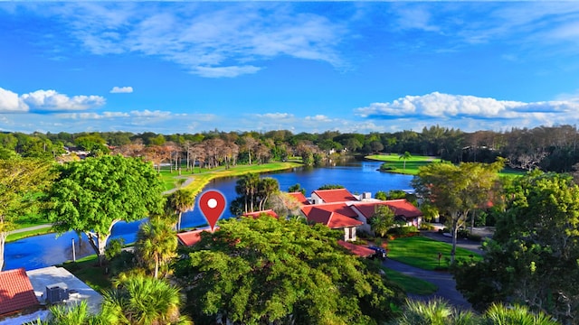 birds eye view of property featuring a water view