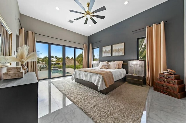 bedroom with access to outside, visible vents, a ceiling fan, and recessed lighting