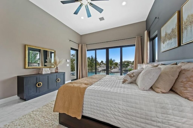 bedroom featuring visible vents, baseboards, a ceiling fan, access to outside, and recessed lighting