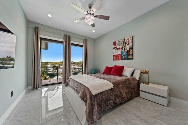 bedroom with baseboards, recessed lighting, a ceiling fan, and access to exterior