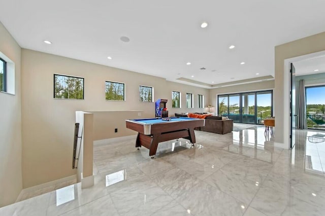 rec room featuring recessed lighting, marble finish floor, pool table, and baseboards