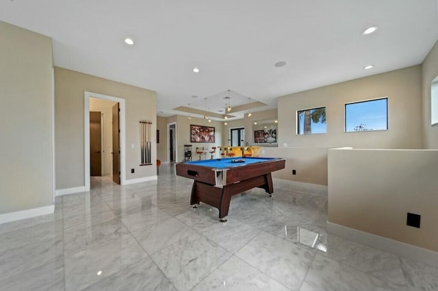 playroom featuring marble finish floor, recessed lighting, baseboards, and pool table