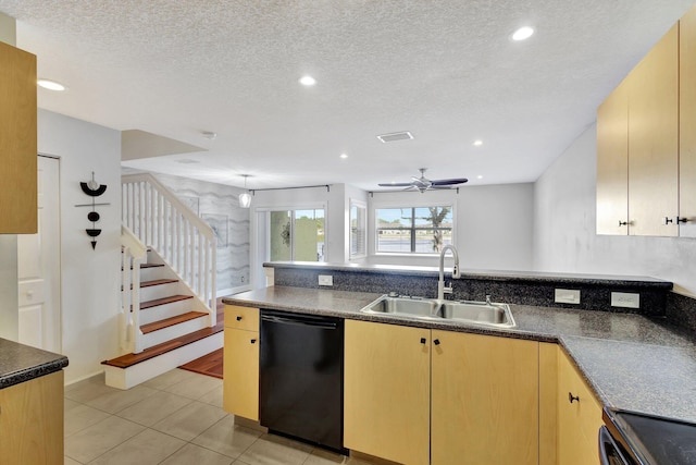 kitchen with electric range, black dishwasher, sink, ceiling fan, and a textured ceiling