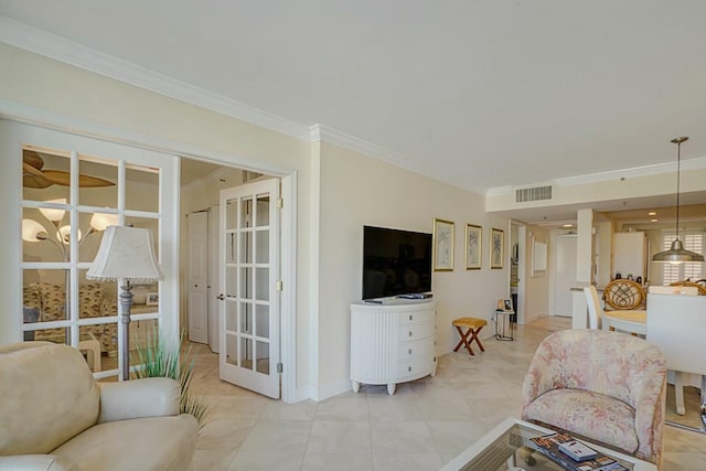 tiled living room with ornamental molding