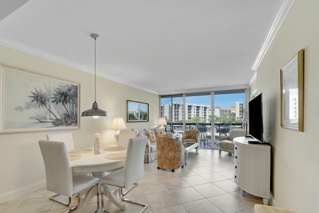 tiled dining area with crown molding and floor to ceiling windows