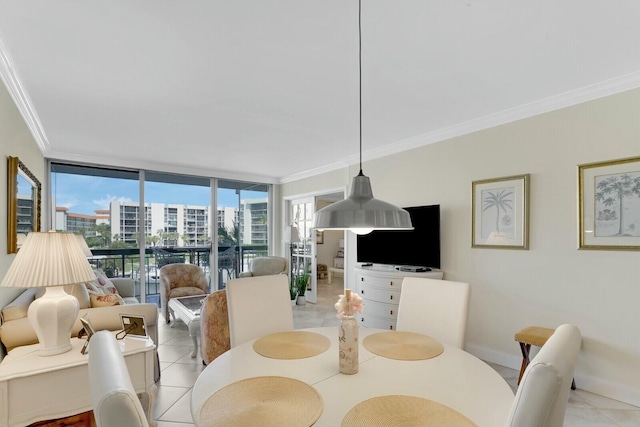 tiled dining space featuring expansive windows and ornamental molding