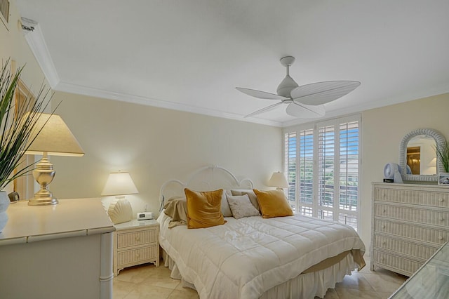 tiled bedroom featuring ceiling fan and ornamental molding