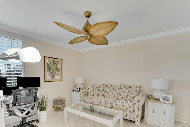 office space featuring crown molding and ceiling fan