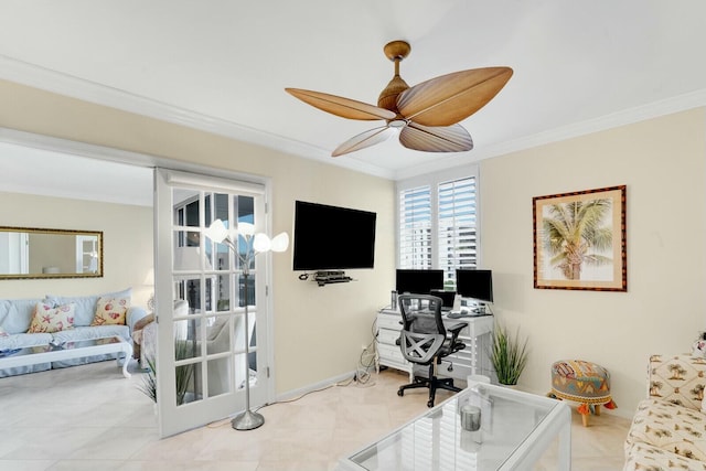 home office with crown molding, ceiling fan, and light tile patterned flooring