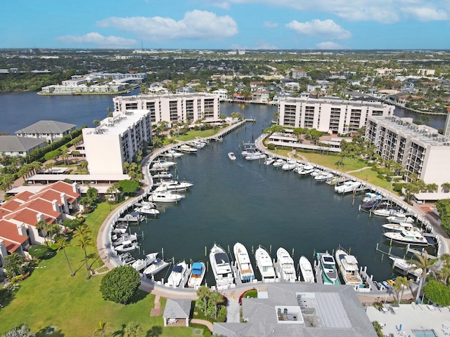 birds eye view of property featuring a water view