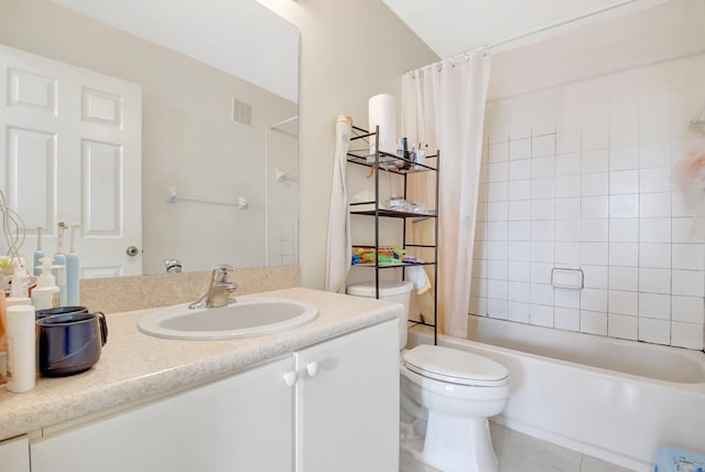full bath with visible vents, toilet, tile patterned floors, shower / bath combination with curtain, and vanity