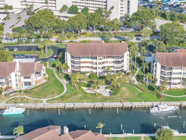 bird's eye view with a water view