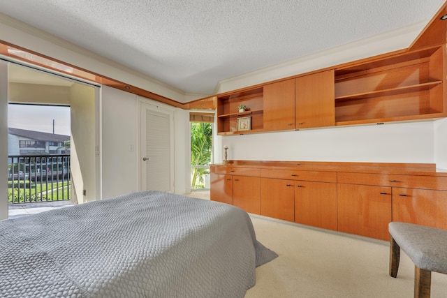 bedroom featuring access to outside, a textured ceiling, and carpet