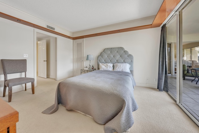 bedroom with light colored carpet, a textured ceiling, and access to outside