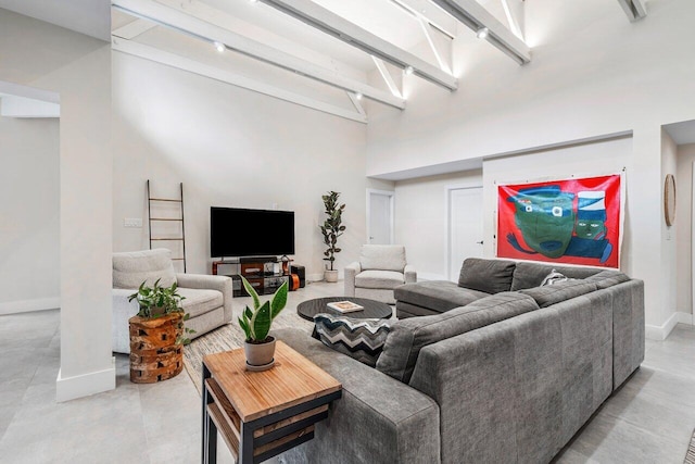 living room featuring a towering ceiling