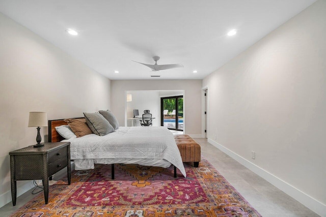 bedroom with access to exterior and ceiling fan