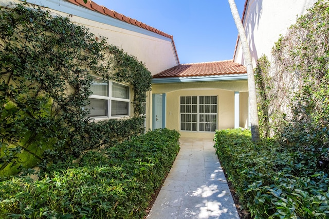 doorway to property with a tiled roof and stucco siding