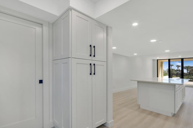 kitchen with white cabinetry and light hardwood / wood-style flooring