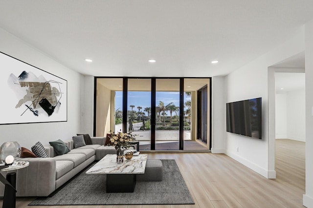 living room with light hardwood / wood-style floors and floor to ceiling windows