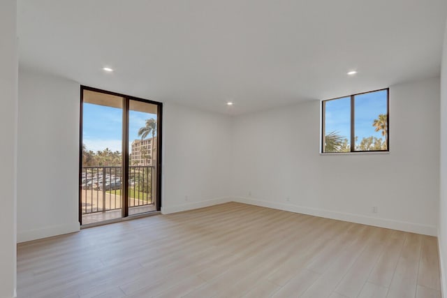 empty room with expansive windows and light hardwood / wood-style flooring