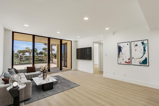 living room featuring floor to ceiling windows and light wood-type flooring