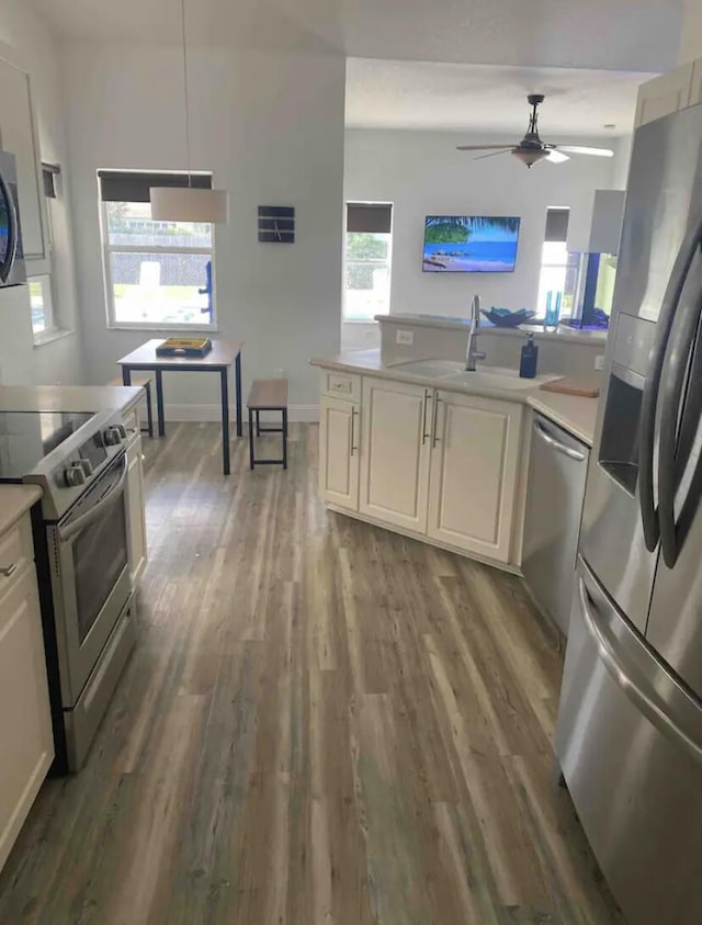 kitchen with ceiling fan, stainless steel appliances, sink, and wood-type flooring