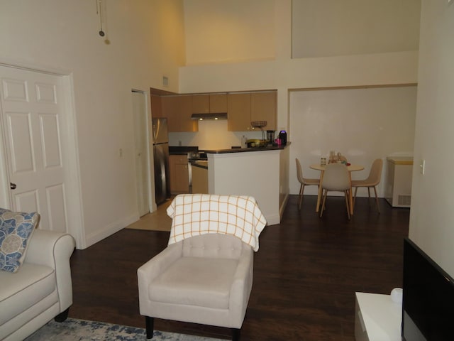 living room featuring a high ceiling, baseboards, and dark wood-style flooring