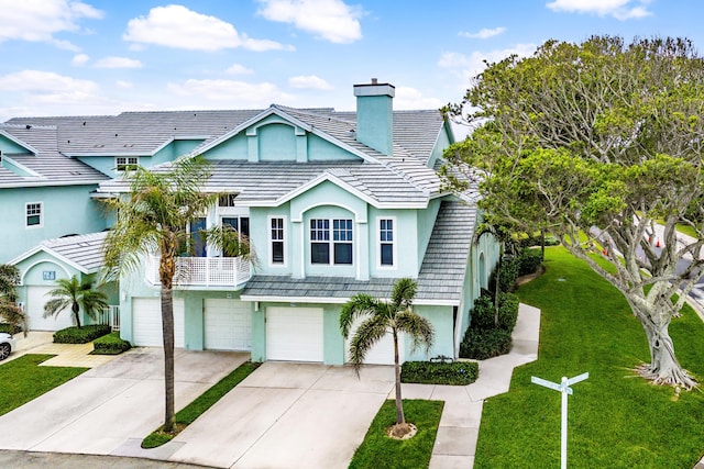 view of front facade with a tile roof, stucco siding, a garage, driveway, and a front lawn