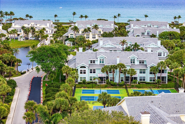 aerial view with a water view and a residential view