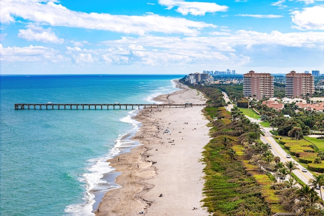 property view of water with a view of city and a beach view