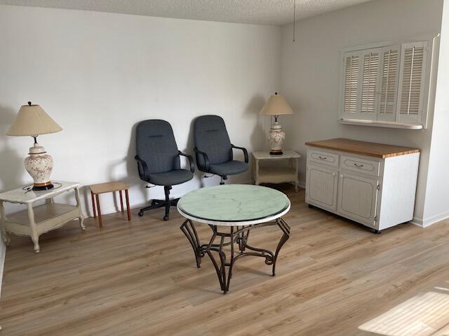 living area with light hardwood / wood-style floors and a textured ceiling