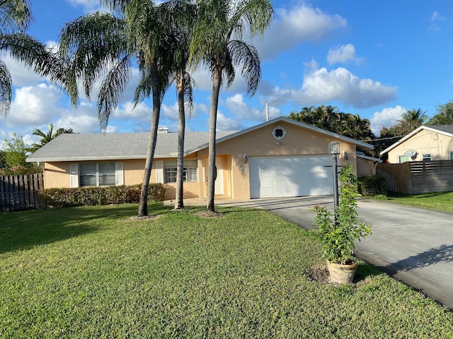 single story home featuring an attached garage, fence, concrete driveway, and stucco siding