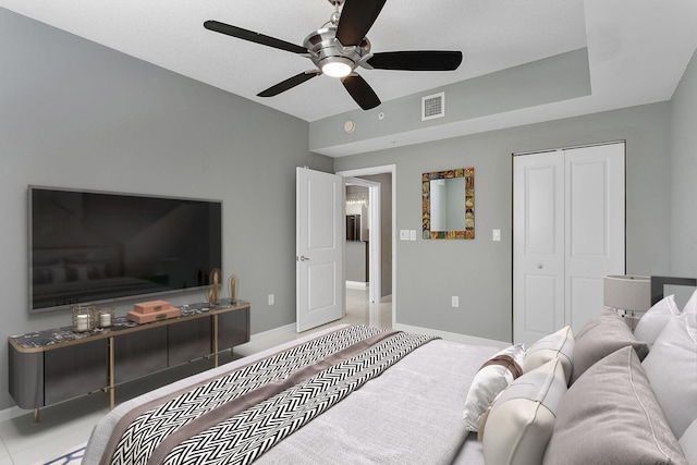 bedroom with a closet, visible vents, ceiling fan, and baseboards