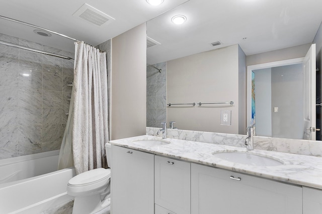 full bath with toilet, shower / bathtub combination with curtain, visible vents, and a sink