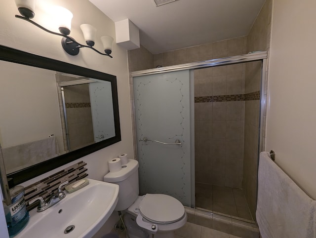 bathroom with tile patterned floors, toilet, an enclosed shower, and sink