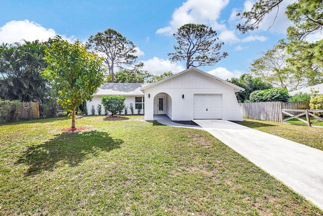 single story home with a garage and a front yard