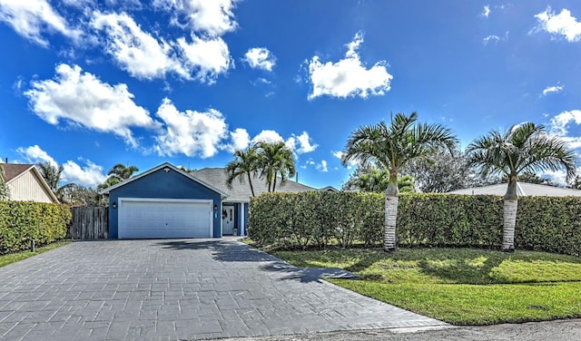 view of front facade with a front yard and a garage