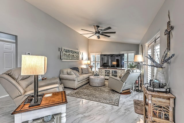 living room featuring vaulted ceiling and ceiling fan